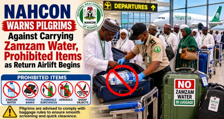 NAHCON Warns Pilgrims Against Carrying Zamzam Water, Prohibited Items as Return Airlift Begins NAHCON Hajj Chronicles web optimized